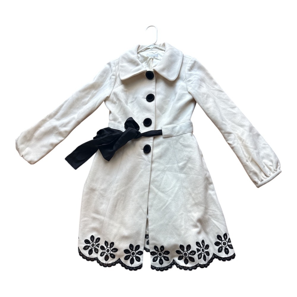 Liquid Minsk Cream Wool Blend Scalloped Floral Hem Belted Coat Mens Size 6